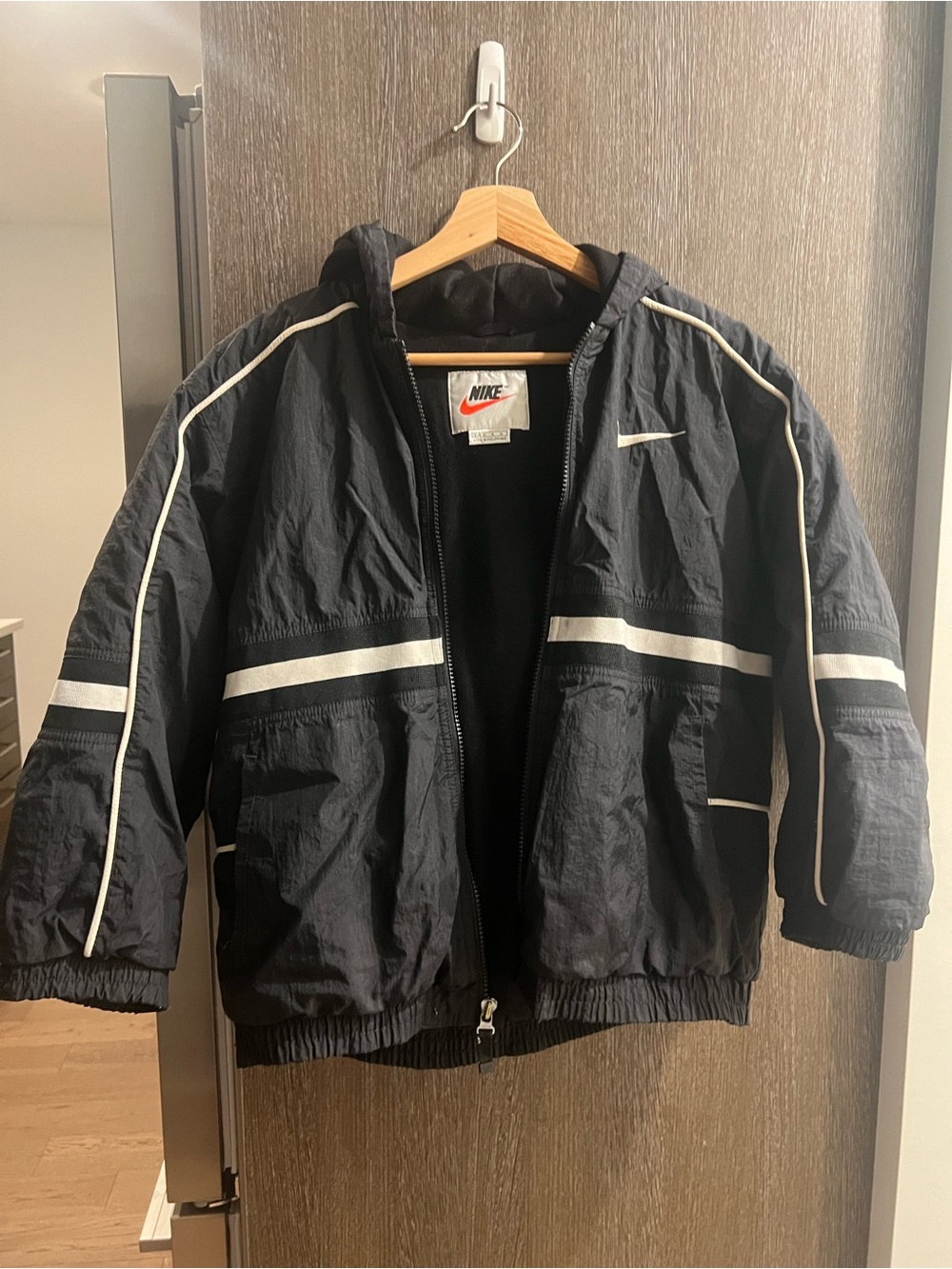 Nike Kids Black Hooded Puffer Jacket with White Trim